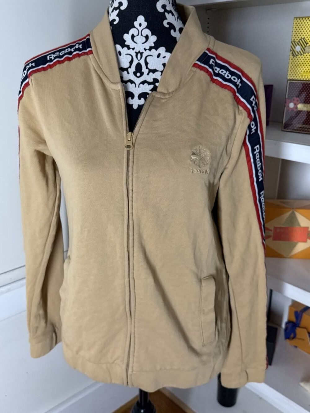 Retro Classic Reebok Brown 100% Cotton Full Zip Pocket Track Jacket Women Medium